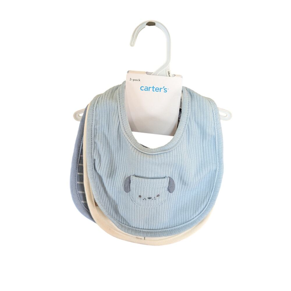 Carter's Baby Bib Set 3 Pack Blue Puppy Absorbent Cotton Bibs NWT Unisex